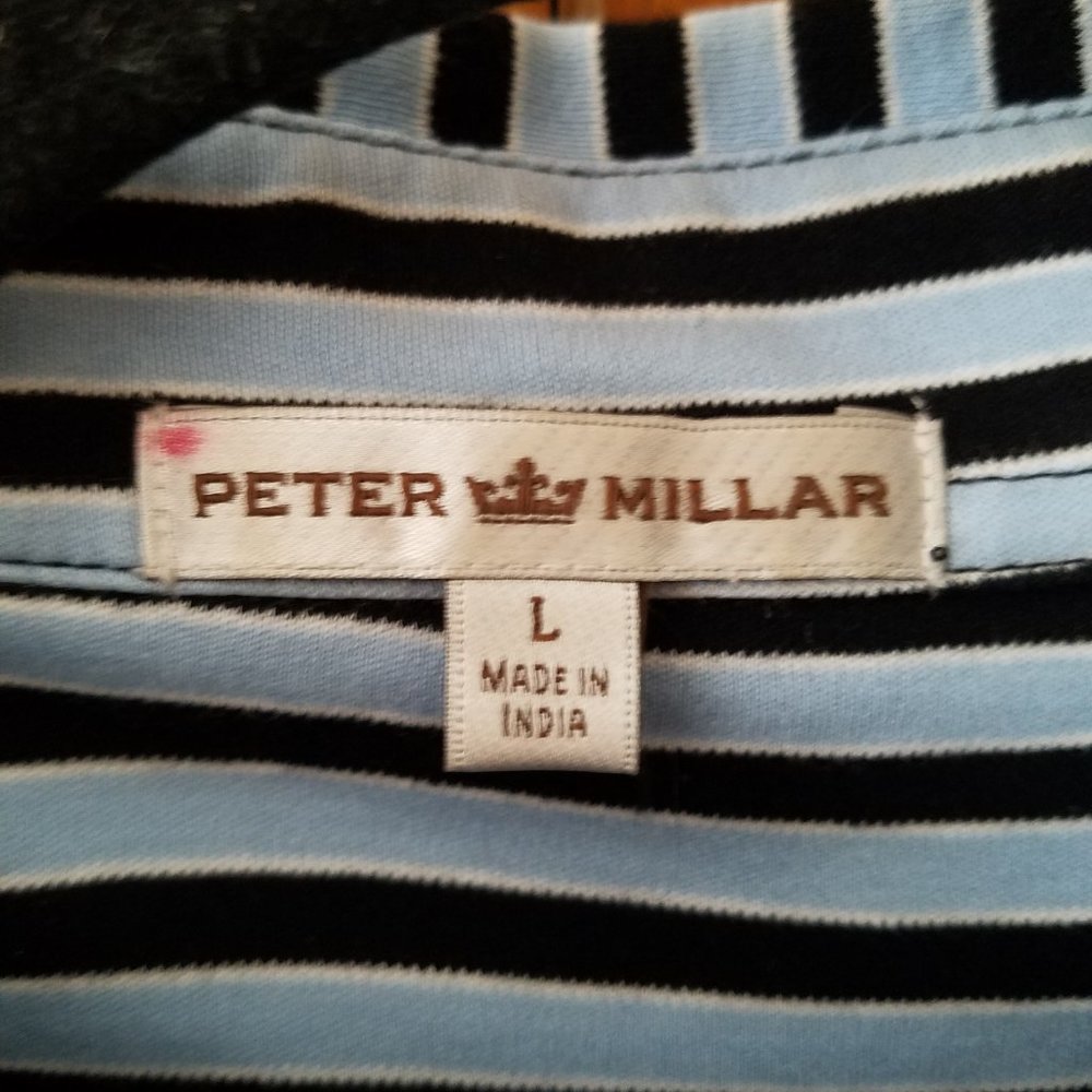 Peter Millar Shirt Mens Golf Polo Large Crown Black/Blue Stripe Pocket EUC - Picture 4 of 8